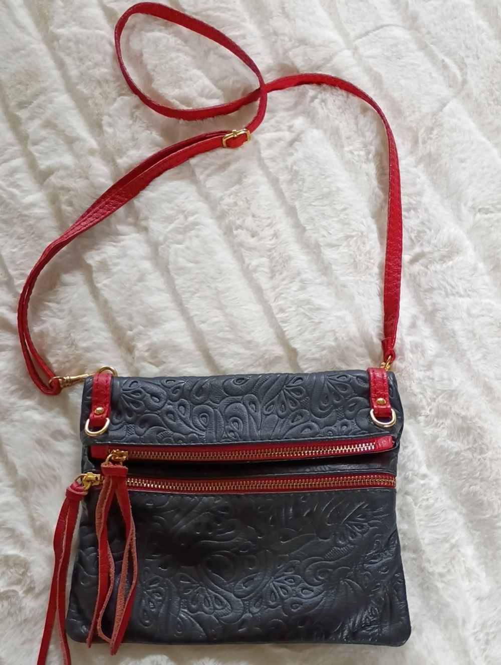 Black Italian Leather Embossed Crossbody Bag with Red Trim And Fringe
